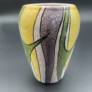 Italian Hand Painted Vase Marked 7/6526 Italy M.B.D. Vintage Green Yellow Purple